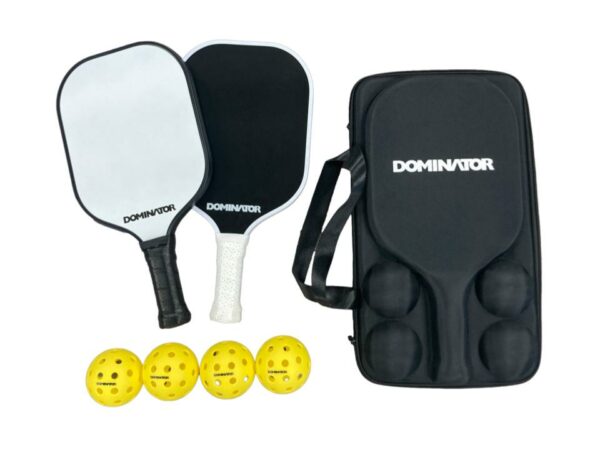 Two Pickleball paddles, four balls, and a case